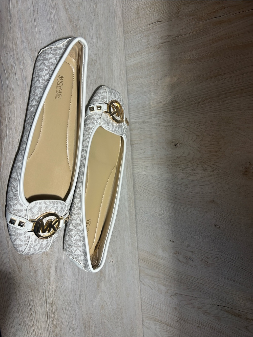 Michael Kors White Logo Ballet Flats with Gold MK Medallion
